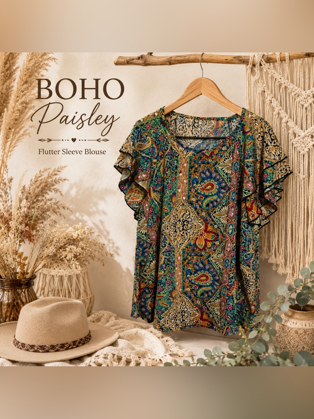 SHEIN Boho Paisley Flutter Sleeve Blouse Multicolor Print Top Women’s Size XL